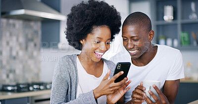 Buy stock photo Black couple, phone and surprise in home with social media, ecommerce deal and viral video with coffee. Happy woman, man and mobile in kitchen for story, good news and sale announcement with tea