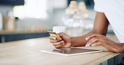 Buy stock photo Man, hands and credit card with tablet in home, wireless transaction and online shopping. Male person, banking website and ecommerce for checkout order, payment and kitchen for finance money app