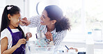 Family, mother and girl with kitchen, baking and learning with ingredients for pastry or dessert cake. Playful, happy mom and cooking daughter help for pudding, cookies or recipe prepare in home