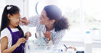 Buy stock photo Family, mother and girl in kitchen, baking and learning with ingredients for pastry or dessert cake. Playful, happy mom and cooking daughter help for pudding, cookies or recipe prepare in home