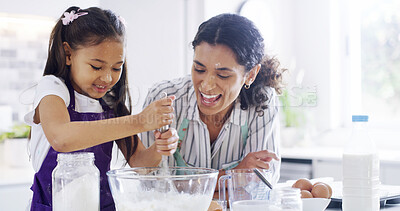 Buy stock photo Family, mom and child with kitchen, learning and bonding with ingredients for pastry or dessert cake. Laugh, happy mother and cooking girl help baking pudding, cookies or recipe preparation in home