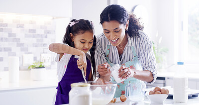 Buy stock photo Teaching, mother and girl with kitchen, baking and learning with ingredients for pastry or dessert cake. Smile, happy mom and cooking daughter help for pudding, cookies or recipe prepare in home