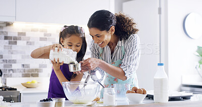 Buy stock photo Help, mom and girl with kitchen, baking and learning with ingredients for pastry or dessert cake. Smile, happy mother and teaching cooking daughter for pudding, cookies or recipe prepare in home