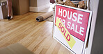Billboard, house and rent with sale for sold property, asset or moving in new home or neighborhood. Closeup, sign and deal with poster, placard or label for mortgage, real estate or building auction