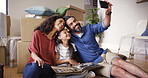 Family, real estate and people with selfie in new home for property relocation, moving in memory and unpacking. Parents, child and photography on floor for milestone, social media post and insurance