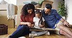 Memory, parents and child with photo album in new home for moving in, nostalgia and property investment. Relax, people and kid on floor with pictures for unpacking, relocation together or real estate