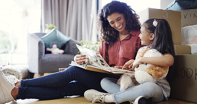 Buy stock photo Memory, mother and child with photo album in new home for moving in, nostalgia and remember old house. Relax, woman and girl kid on floor with pictures for unpacking, relocation together or milestone