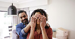 Happy couple, eyes closed and cover with surprise for new home, gift or moving in together. Excited man, woman or lovers with present, house or apartment for anniversary, celebration or renovation