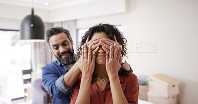 Buy stock photo Happy couple, eyes closed and cover with surprise for new home, gift or moving in together. Excited man, woman or lovers with present, house or apartment for anniversary, celebration or renovation