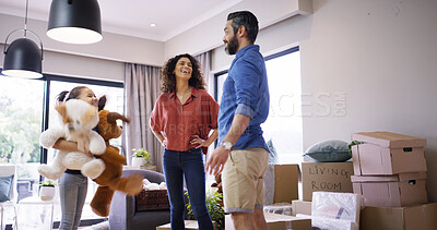 Buy stock photo Family, talking and plan moving in new home, relocation and homeowners for mortgage. People, daughter and proud of real estate achievement in lounge, support child and together for house security