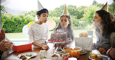Buy stock photo Birthday cake, family and children blow candles with parents for celebration, party and singing or clapping. Happy people, son and daughter with chocolate dessert, special day and bonding at home