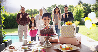 Buy stock photo Birthday cake, big family and boy blow candles with parents for celebration, party and singing or clapping. Happy people, excited child and son with chocolate dessert, special day and bonding at home