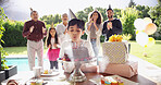 Birthday cake, big family and son blow candles with parents for celebration, party and singing or clapping. Happy people, excited child and boy with chocolate dessert, special day and bonding at home