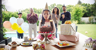 Buy stock photo Birthday cake, big family and girl blow candles with parents for celebration, party and singing or clapping. Happy people, child and daughter with chocolate dessert, special day and bonding at home