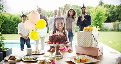 Buy stock photo Birthday cake, big family and happy girl excited with parents for celebration, party and singing or clapping. Generations, child and daughter with chocolate dessert, special day and bonding at home