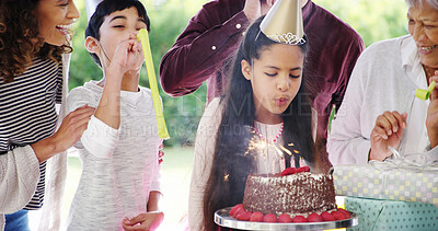 Buy stock photo Birthday cake, happy family and girl blow candles with parents for celebration, party and singing or clapping. Generations, child and daughter with chocolate dessert, special day and bonding at home