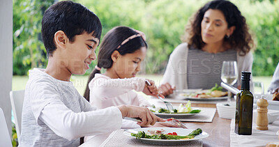 Buy stock photo Family, dinner or children with food outdoor for eating, festive celebration and social gathering. Thanksgiving, people and healthy meal together on patio with love, holiday lunch and bonding by home