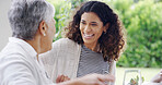 Family, dinner or women with laughing outdoor for funny joke, festive celebration or social gathering. Thanksgiving, happy people or conversation together on patio with love, holiday lunch or bonding