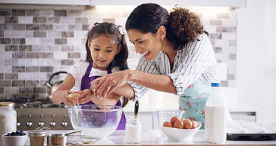 Buy stock photo Help, mom and child with egg crack, baking and learning with ingredients for pastry or kitchen dessert. Bonding, happy mother and support daughter for teaching, cookies or recipe prepare in home