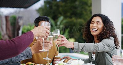 Buy stock photo Family, dinner and toast champagne by home for holiday celebration, social gathering and bonding together. Happy people, gratitude and cheers drinks for thanksgiving lunch, support and love on patio