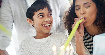 Buy stock photo Child, mother or birthday party horn for celebration with parents, surprise gathering or bonding together. Happy family, people or excited for special event with love, relationship or support by home