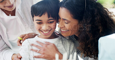 Buy stock photo Birthday party, mother and hug child for celebration by home with surprise gathering and bonding together. Happy family, people and embrace for special event wish with care, relationship and support