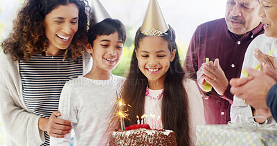 Buy stock photo Birthday cake, family and children with parents for celebration, party and excited for future growth. Happy generations, kid and daughter with chocolate dessert, special day and bonding at home