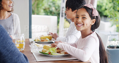 Buy stock photo Family, dinner and girl with portrait outdoor for thanksgiving lunch, festive celebration or social gathering. Food, people or bonding together on patio with healthy feast, reunion brunch or support
