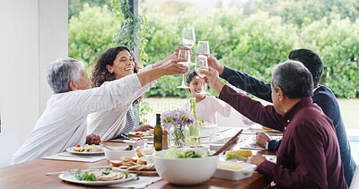 Buy stock photo Family, dinner and cheers with drinks by home for holiday celebration, social gathering or bonding together. People, happy and toast champagne for thanksgiving lunch, support and party event on patio