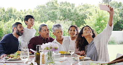 Buy stock photo Celebration, funny and family with selfie at lunch by home for holiday memory, profile picture update or support. People, parents and grandparents with kids on patio for bonding, love or social event