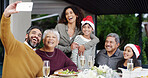 Christmas, happy or family with selfie at lunch by home for holiday memory, profile picture update or bonding. People, parents or grandparents with kids on patio for social event, love or photography