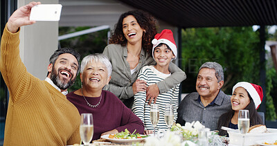 Buy stock photo Christmas, happy or family with selfie at lunch by home for holiday memory, profile picture update or bonding. People, parents or grandparents with kids on patio for social event, love or photography