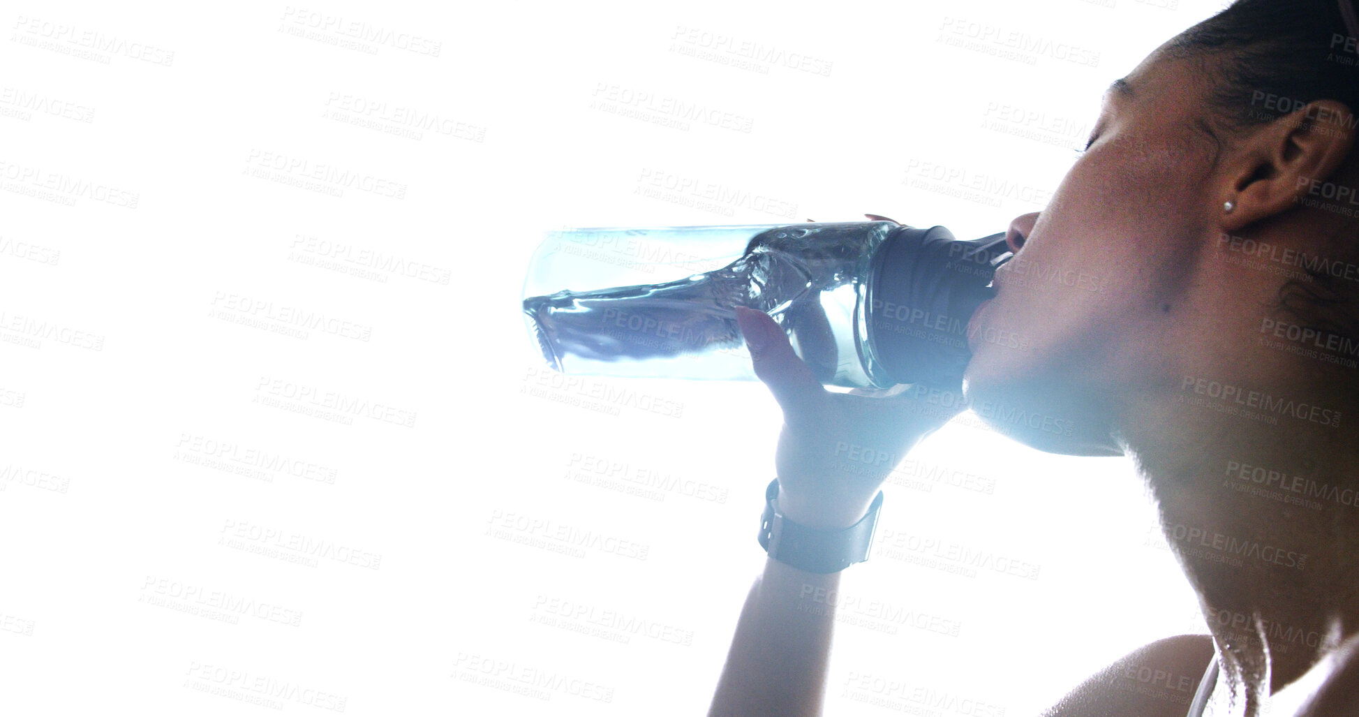 Buy stock photo Fitness, thirsty and woman drinking water for exercise with hydration, workout break and refreshing beverage. Mockup space, athlete and liquid for body wellness, fatigue and rest from cardio training