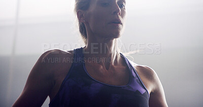 Buy stock photo Fitness, woman or tired of training in gym with breathing, workout fatigue or resting for body wellness. Athlete, break or burnout for intense endurance exercise with relax, overworked or performance