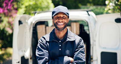 Buy stock photo Courier, delivery man and portrait with arms crossed outdoor  for ecommerce business and supply chain. Logistics, van and black driver in export industry for package distribution and cargo service