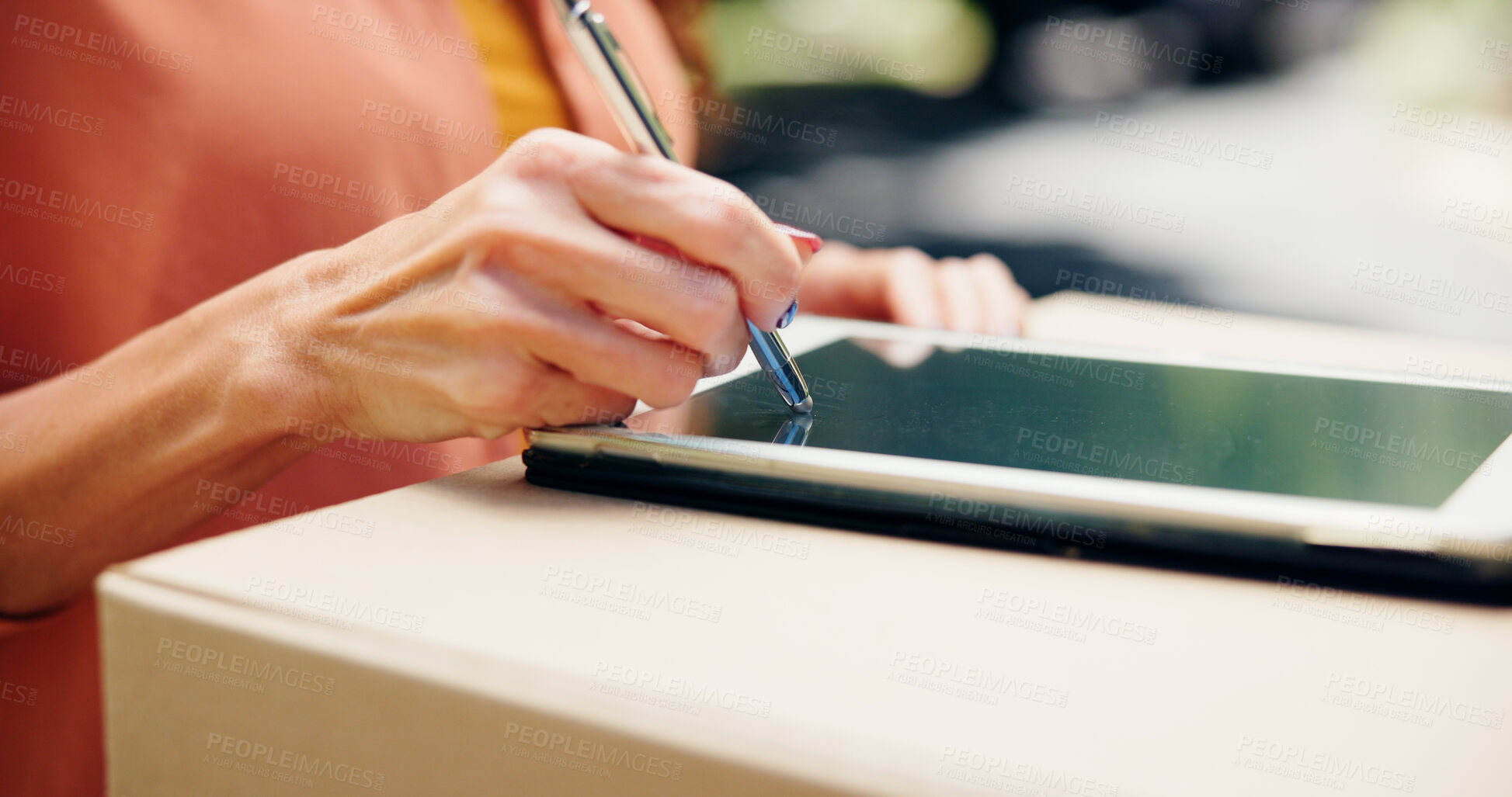 Buy stock photo Hands, digital signature and tablet with woman and delivery for shipping, ecommerce and supply chain. Online shopping order, logistics and distribution with closeup of person and box for package