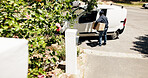 Man, delivery or van with box for transport service, online order or door package at home address. Male person, driver or courier guy with stock, parcel or cargo for freight, shipment or distribution