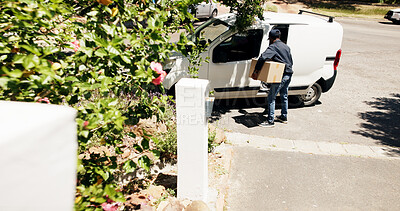 Buy stock photo Man, delivery or van with box for transport service, online order or door package at home address. Male person, driver or courier guy with stock, parcel or cargo for freight, shipment or distribution