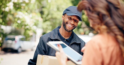 Buy stock photo Box, digital signature and tablet with woman and delivery man for shipping, ecommerce and supply chain. Online shopping order, logistics and distribution with people for package, parcel and cargo