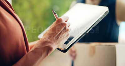 Buy stock photo Hands, digital signature and tablet with customer and delivery for shipping, ecommerce and supply chain. Online shopping order, logistics and distribution with closeup of person and box for package