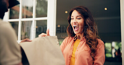Buy stock photo Happy woman, delivery or door with package for online order, shipment or shopping at home. Excited, female person or courier service with smile for parcel, ecommerce or distribution at house entrance