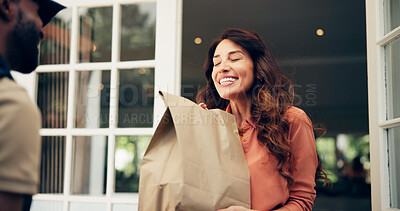 Buy stock photo Courier, delivery man or customer with package by home for online shopping order, fast food distribution or takeout. Logistics, woman or male driver in export industry for supply chain or safe parcel