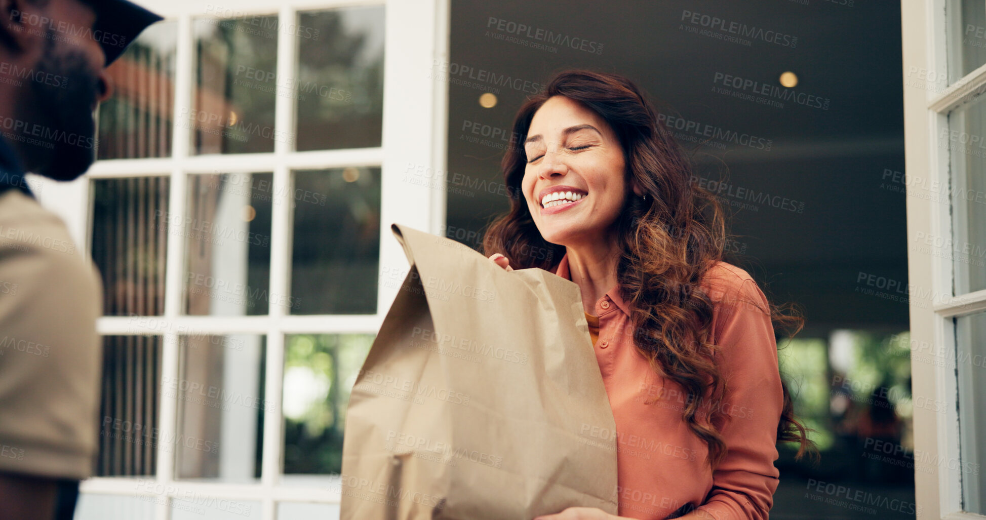 Buy stock photo Courier, delivery man or customer with package by home for online shopping order, fast food distribution or takeout. Logistics, woman or male driver in export industry for supply chain or safe parcel