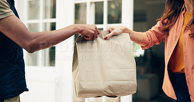 Buy stock photo Hands, delivery or door with paper bag for courier service, package or shipment at home. Closeup, distributor or customer with food parcel, takeaway or transportation for online shopping or ecommerce