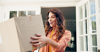 Buy stock photo Happy woman, delivery or door with box for online order, shipment or shopping at home. Excited, female person or customer with smile or courier service for parcel, ecommerce or distribution at house