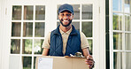 Happy man, portrait and door with box for delivery, online shopping order or courier service at home. African, male person or excited guy with smile or satisfaction for parcel or ecommerce at house