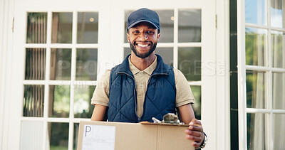 Buy stock photo Happy man, portrait and door with box for delivery, online shopping order or courier service at home. African, male person or excited guy with smile or satisfaction for parcel or ecommerce at house