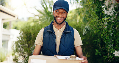 Buy stock photo Happy, black man and portrait with box for delivery, online shopping order or courier service at home. African, male person or driver with smile or parcel for logistics, transportation or ecommerce