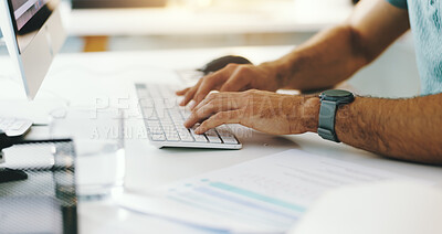 Buy stock photo Businessman, hands and typing with computer for online report, business schedule or communication at office desk. Closeup, male person or journalist with keyboard for research, email or copywriting