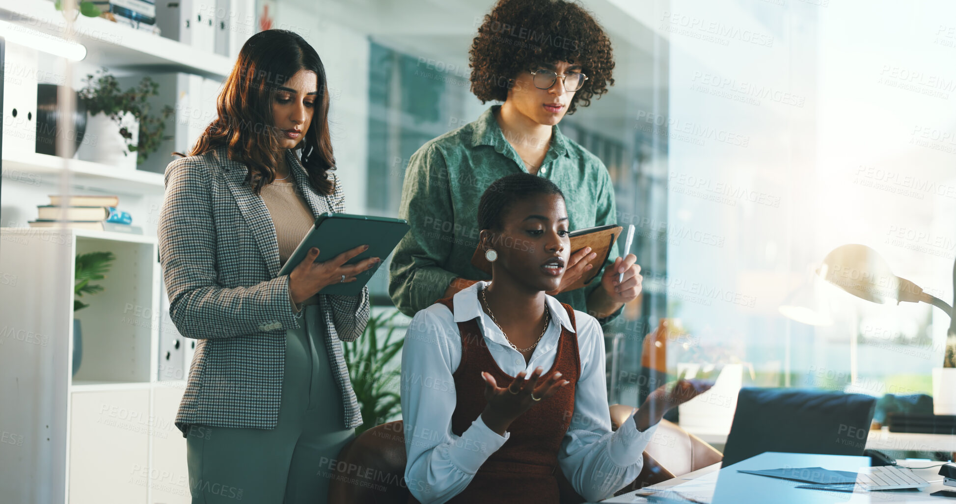 Buy stock photo People, laptop and video call in office for training, feedback and business pitch in design agency. Creative team, tech and communication in workplace for planning, online workshop or virtual meeting